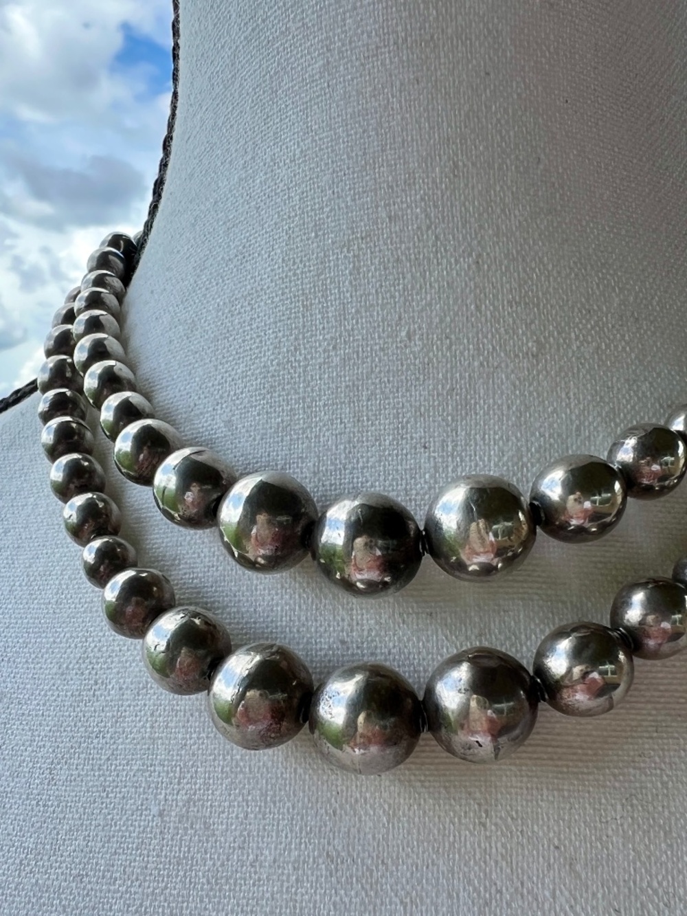 Vintage Mexican Sterling Silver Double Strand Graduated Bead Necklace 17"